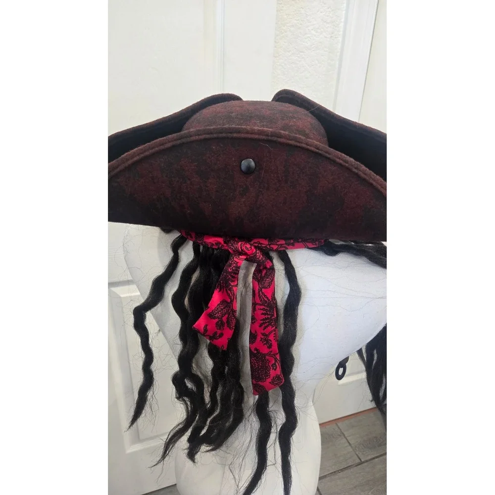 Nicky Bigs Novelties Pirate Tricorn Hat with Dreadlocks Bandana Beads Brown Red